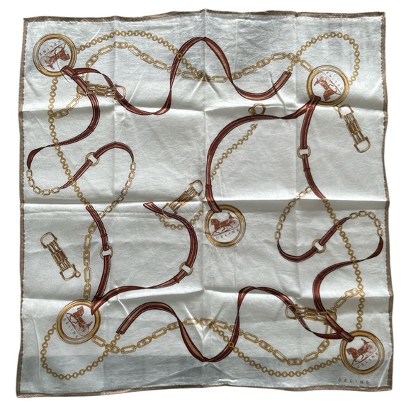 Celine Vintage Equestrian Chain Print Handkerchief Scarf in White and Brown - Picture 1 of 9